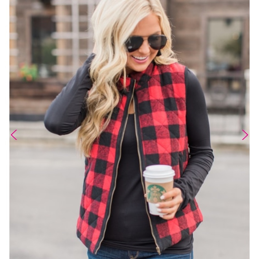 PinkLily red black buffalo check plaid vest medium